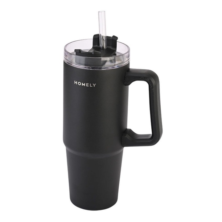 Cana Termos, Estia, Homely, 900 ml, Negru, Izolare Vacuum Cu Pereti Dubli, Maner Lateral Confortabil Si Pai Inclus, Mentine Temperatura Multe Ore, Design Modern Mat Minimalist, Ideala Pentru Masina Birou Sau Sport, Capac Etans Solid