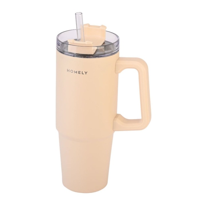 Cana Termos, Estia, Homely, 900 ml, Bej, Izolare Vacuum Cu Pereti Dubli, Maner Lateral Confortabil Si Pai Inclus, Mentine Temperatura Multe Ore, Design Modern Minimalist, Ideala Pentru Masina Birou Sau Antrenament, Capac Etans Solid