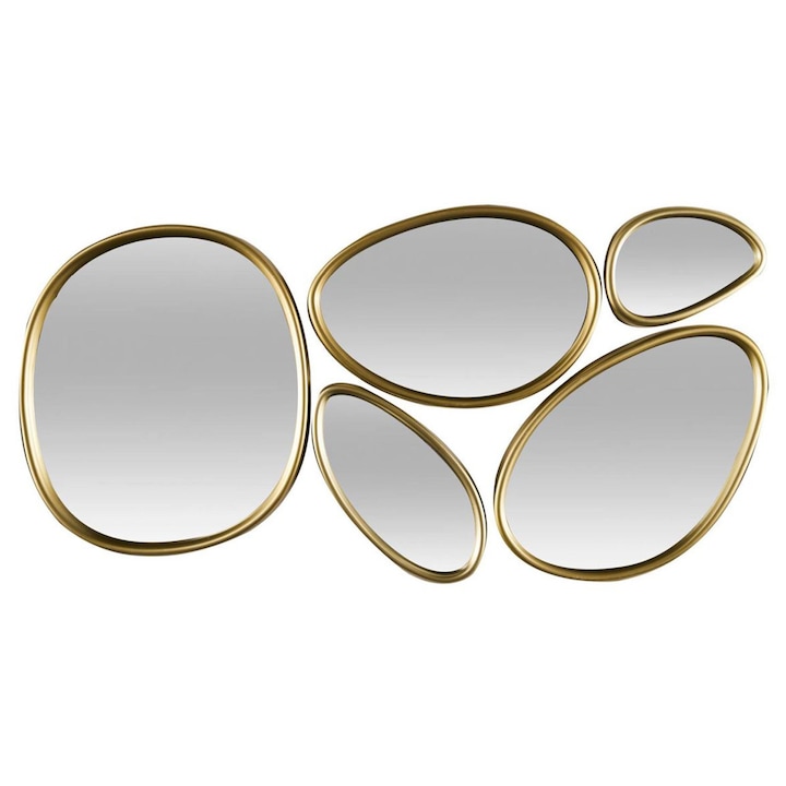 Set 5 Oglinzi Organice, HowHomely, Luma, 5 kg, Auriu, Forme Neregulate Si Asimetrice, Rama Metalica Eleganta, Design Modern Si Boho, Maresc Vizual Spatiul, Decoratiune De Perete Arta Murala, Set De 5 Piese Stil Glamour