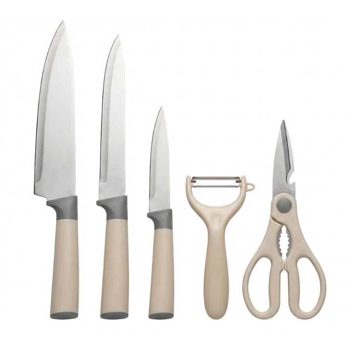 Set Cutite Bucatarie Premium 5 Piese, Cutit Bucatar 20 Cm, Cutit Feliere 18 Cm, Cutit Universal 12 Cm, Decojitor Legume, Foarfeca Multifunctionala, Lame Din Otel Inoxidabil, VA-230