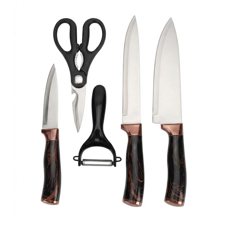 Set Cutite Bucatarie Premium 5 Piese, Cutit Chef 20 Cm, Cutit Santoku 18 Cm, Cutit Universal 12 Cm, Foarfeca Bucatarie Multifunctionala, Decojitor Legume, Lame Otel Inoxidabil, VA-231