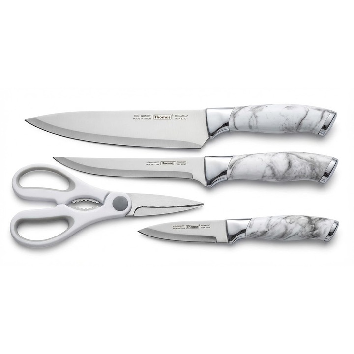 Set Cutite Bucatarie Premium Din Otel Inoxidabil, 3 Cutite Cu Lame 20 Cm, 18 Cm, 10 Cm, Foarfeca Multifunctionala, Maner Elegant, Precizie Si Durabilitate Profesionala, VA-227