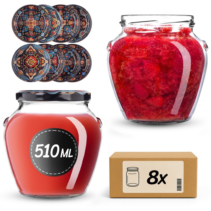 Sloi din sticla KADAX, set 8 bucati, 510 ml, capacitate twist-off, transparent, 9x10,5cm