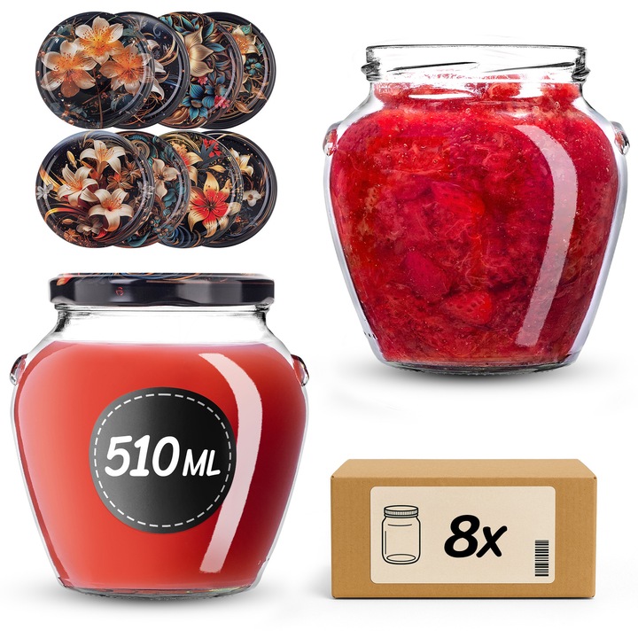 Set 8 borcane din sticla KADAX 510 ml, capacitate 82 mm, transparent, pentru conserve si produse uscate