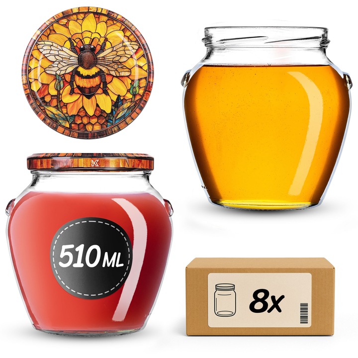 Set de 8 borcane KADAX 510 ml, sticla transparenta, capac twist-off, 9x10,5cm