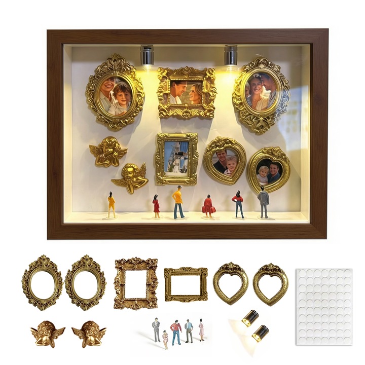 3D Miniatűr Múzeum Fényképkeret DIY, Árnyékhatású Vitrin, 22*17cm, Személyre Szabott Fotó Kiállítás - 5 Figurával és 6 Arany Kerettel, Dekoratív Ajándék, Kreatív Kézműves, barna