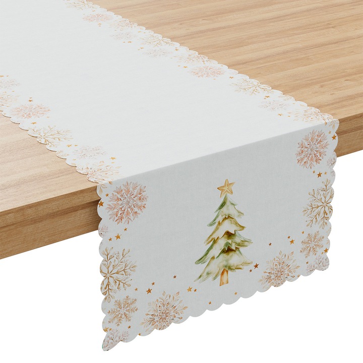 Karácsonyi asztalterítő, Téli Mesebeli fenyőfák, 38x140 cm, Fehér, Vízálló, Elegáns és Modern Design, Ideális Nappaliba vagy Konyhába, Varázslatos Ünnepi Hangulatot Teremt, Tartós és Könnyen Karbantartható Anyag