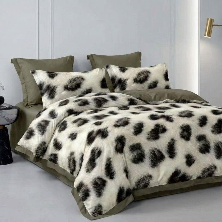 Lenjerie pat dublu din finet, cearceaf pat cu elastic 180x200 cm, 6 piese, Lenjerii Deosebite, Animal print leopard