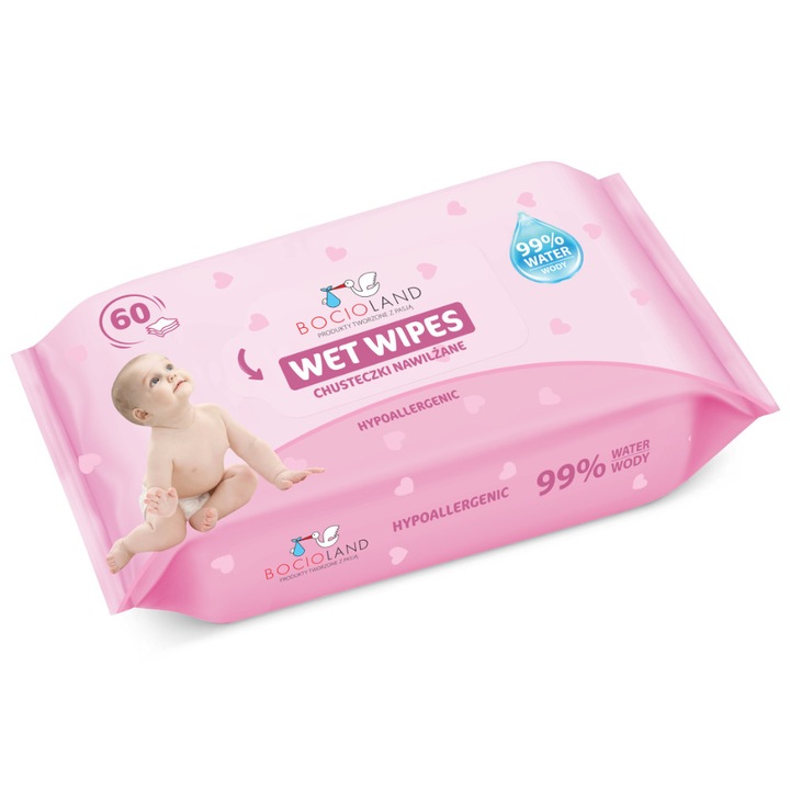 Servetele umede bebelusi Bocioland Water Wipes BL153, hipoalergenice, 99% apa purificata, 60 bucati