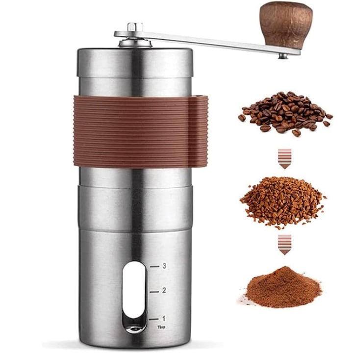 Rasnita cafea manuala, asskanaer, Mini rasnita manuala de cafea, Cu manivela, Ajustare a finetii, Usor de curatat, Pentru calatorii camping birou espresso pour over etc, Otel inoxidabil 304, PP, ABS, 4.8*4.8*13.3 cm, Maro, Argintiu