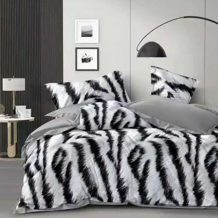 Lenjerie pat dublu din finet, cearceaf pat cu elastic 180x200 cm, 6 piese, Lenjerii Deosebite, Zebra alb-negru