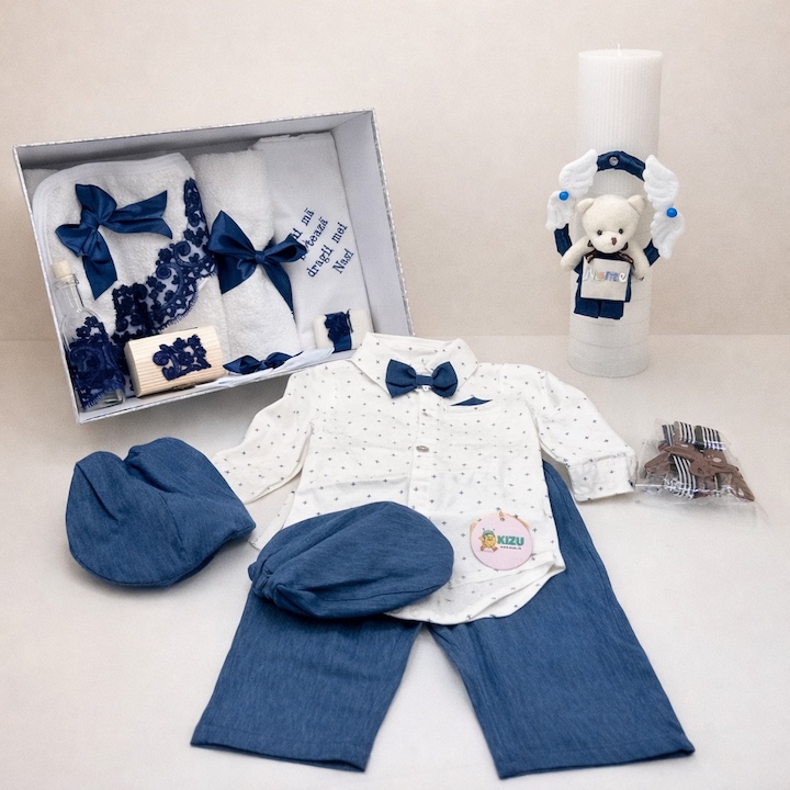 Trusou botez baieti KIZU, set complet, costumas elegant, lumanare realizata manual, alb/bleumarin, 0-12 luni