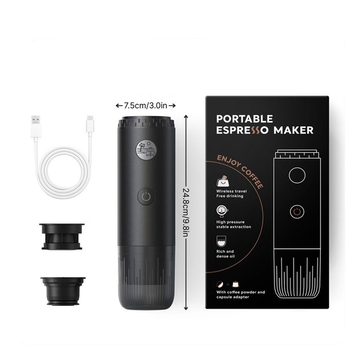 Преносимо еспресо ICafilas, налягане 19 бара, съвместимо с капсули Nespresso и мляно кафе, батерия 7800mAh, бързо загряване, употреба в кола и къмпинг, черно