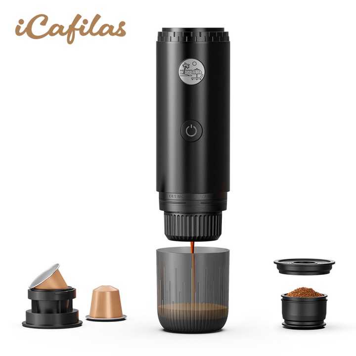 Espressoare Portabil ICafilas, Presiune 19 Bari, Compatibil cu Capsule Nespresso si Cafea Macinata, Acumulator 7800mAh, Incalzire Rapida, Utilizare Auto si Camping, Negru