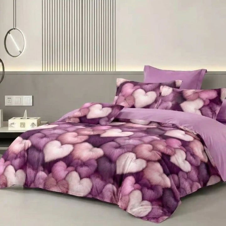 Lenjerie pat dublu din finet, cearceaf pat cu elastic 180x200 cm, 6 piese, Lenjerii Deosebite, Inimi roz-mov