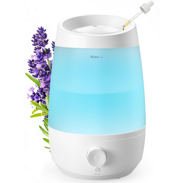 Umidificator, WiFi Smart Life App, Lampa UV-C, Higrostat, Lumini Ambientale, Vapori, Aromaterapie, Zgomot Redus, LED Cu Control Tactil Inteligent, Telecomanda, 9L, Alb