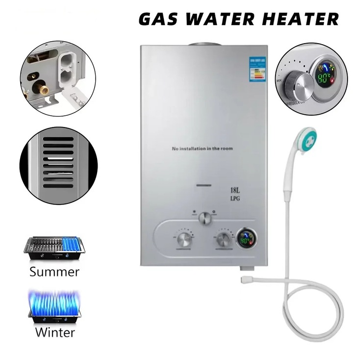 Incalzitor de apa calda cu propan si GPL, 6 l, 12 kW, fara rezervor, otel inoxidabil, montare pe perete, aprindere automata