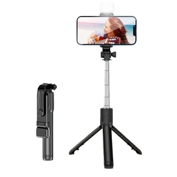 Selfie stick 1 cu telecomanda Bluetooth, LED, trepied, negru