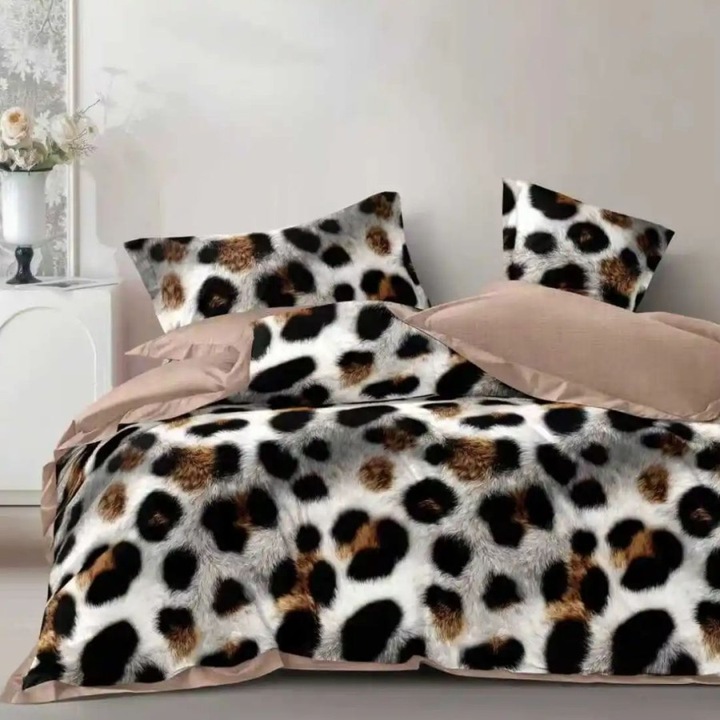 Lenjerie pat dublu din finet, cearceaf pat cu elastic 180x200 cm, 6 piese, Lenjerii Deosebite, Imprimeu leopard