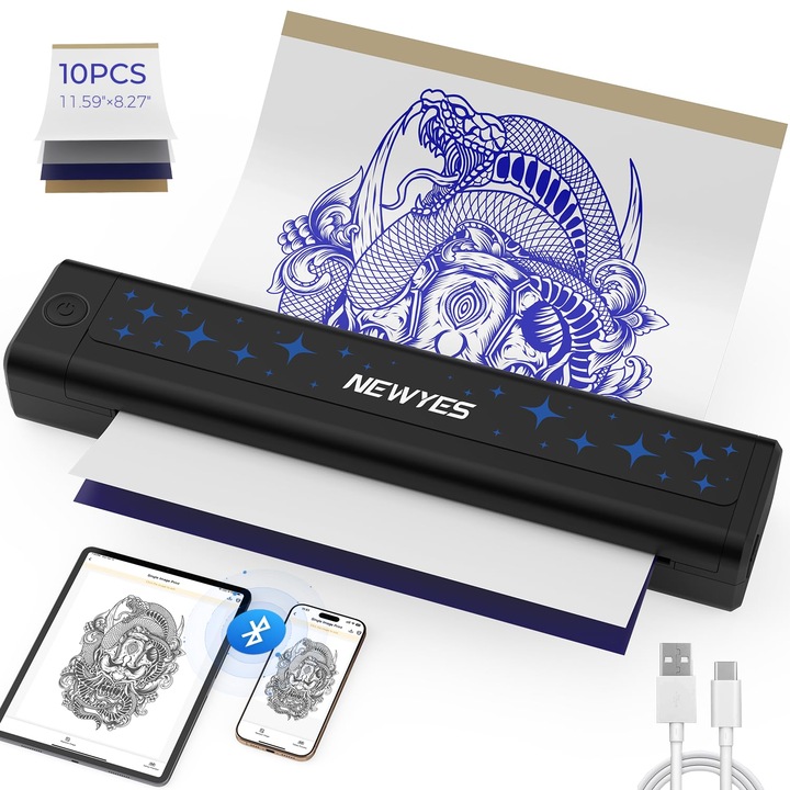 Imprimanta termica portabila NewYes LD0803, A4, Bluetooth, set 10 coli hartie sablon, 12.87x4.29x3.35cm