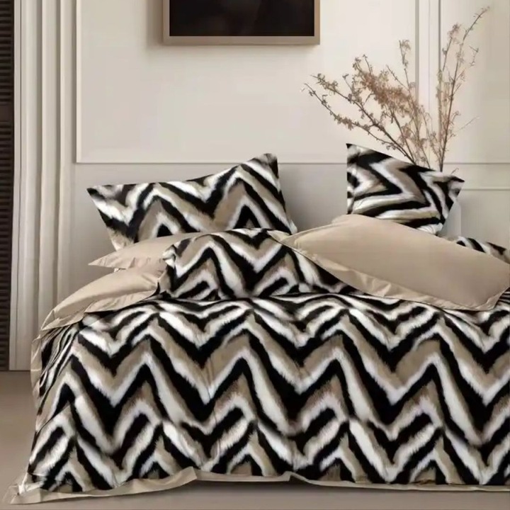 Lenjerie pat dublu din finet, cearceaf pat cu elastic 180x200 cm, 6 piese, Lenjerii Deosebite, Zig-zag