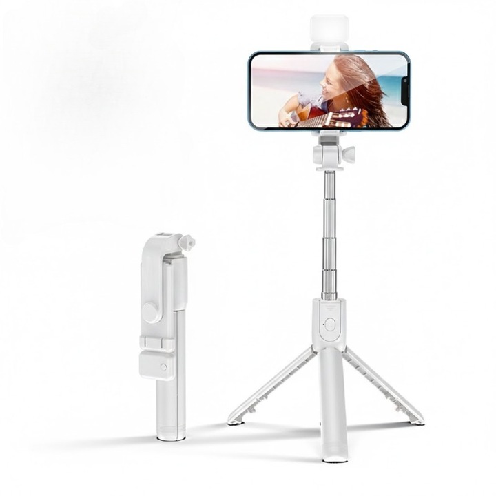 Trepied mobil pentru telefon, inaltime ajustabila 22.4x100cm, cu lumina LED, telecomanda Bluetooth, rotire 360°