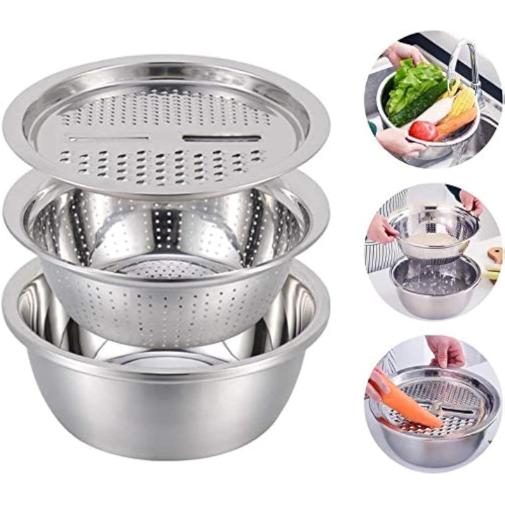 Set strecuratori din inox 3 piese, cu cuva si lingura, 26cm, multifunctional argintiu