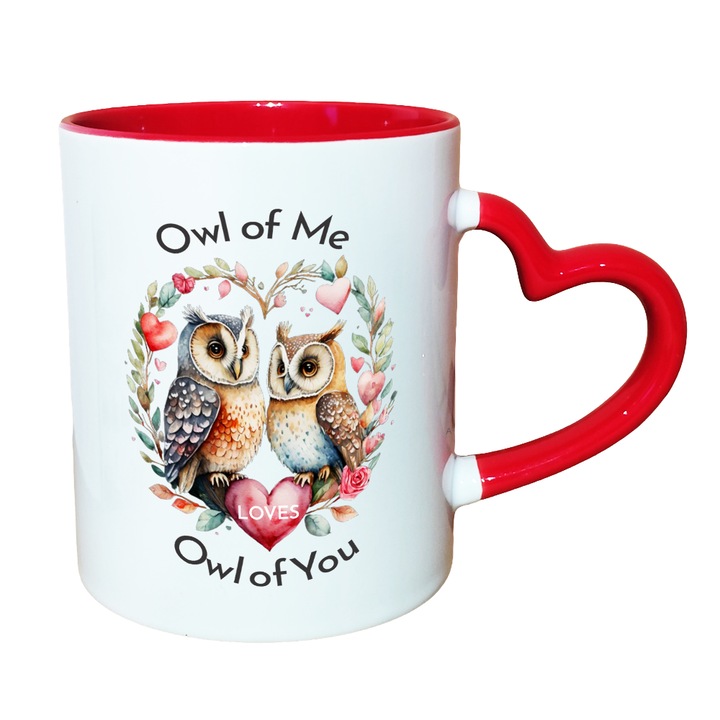 Cana alba personalizata, interior si maner inima rosu, 350ml, Colectia Valentine's Day, Owl of Me Loves Owl of You