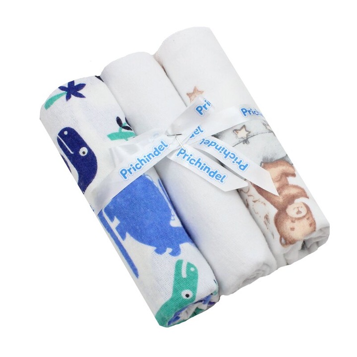 Set 3 scutece, flanel bumbac, Dino si Urs cu baloane, 80x70cm, multicolor