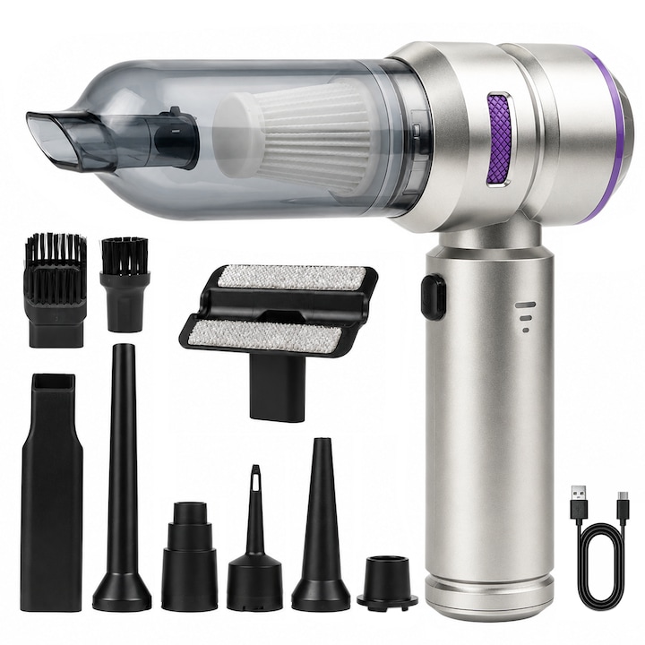 Aspirator Portabil Auto, Grtard, 3 Viteze, 6000mAh, Incarcator Tip-C cu incarcare rapida, Putere mare de aspiratie, Tub prelungitor, 21 x 20 x 6.5 cm, Argintiu/Mov