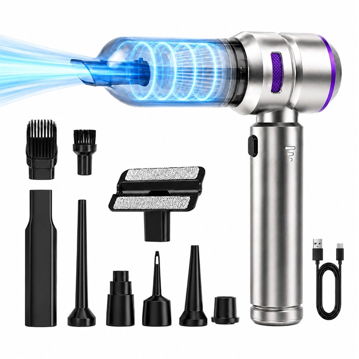 Aspirator Portabil Auto, Grtard, 3 Viteze, 6000mAh, Incarcator Tip-C cu incarcare rapida, Putere mare de aspiratie, Tub prelungitor, 21 x 20 x 6.5 cm, Argintiu/Mov