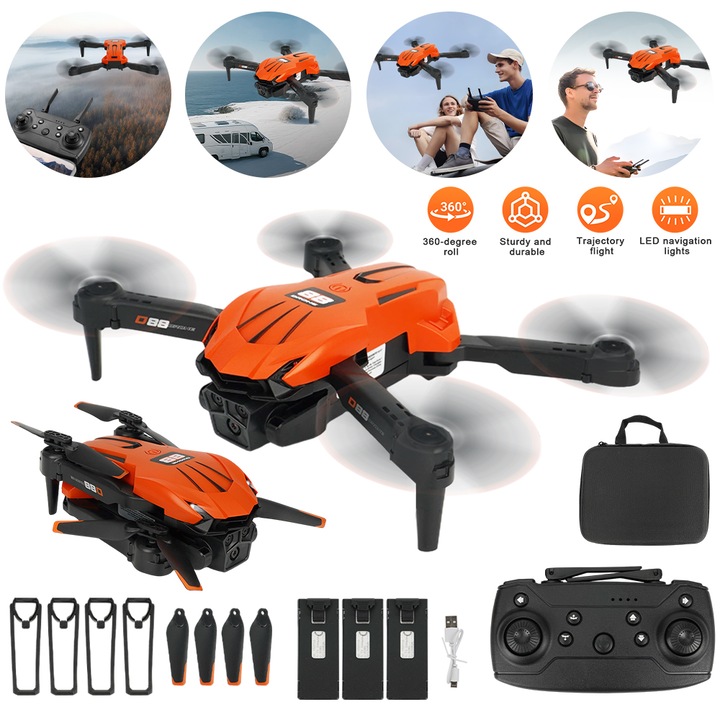 Дрон Bedee с 2 камери, безчетков мотор, избягване на препятствия, оптично позициониране, многократно увеличение, оранжев и черен, 13x8x5см