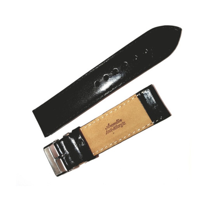 Curea de ceas din piele ecologica, neagra, 16 mm, aspect lacuit, lucios