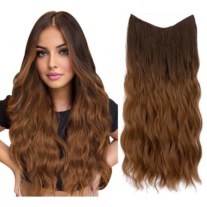 Extensie de par invizibila cu banda reglabila Omelivon® - 3 Agrafe, Bucle Lungi de Plaja, Brun Balayage Auriu, 50cm - Par Sintetic, in ​pentru Femei