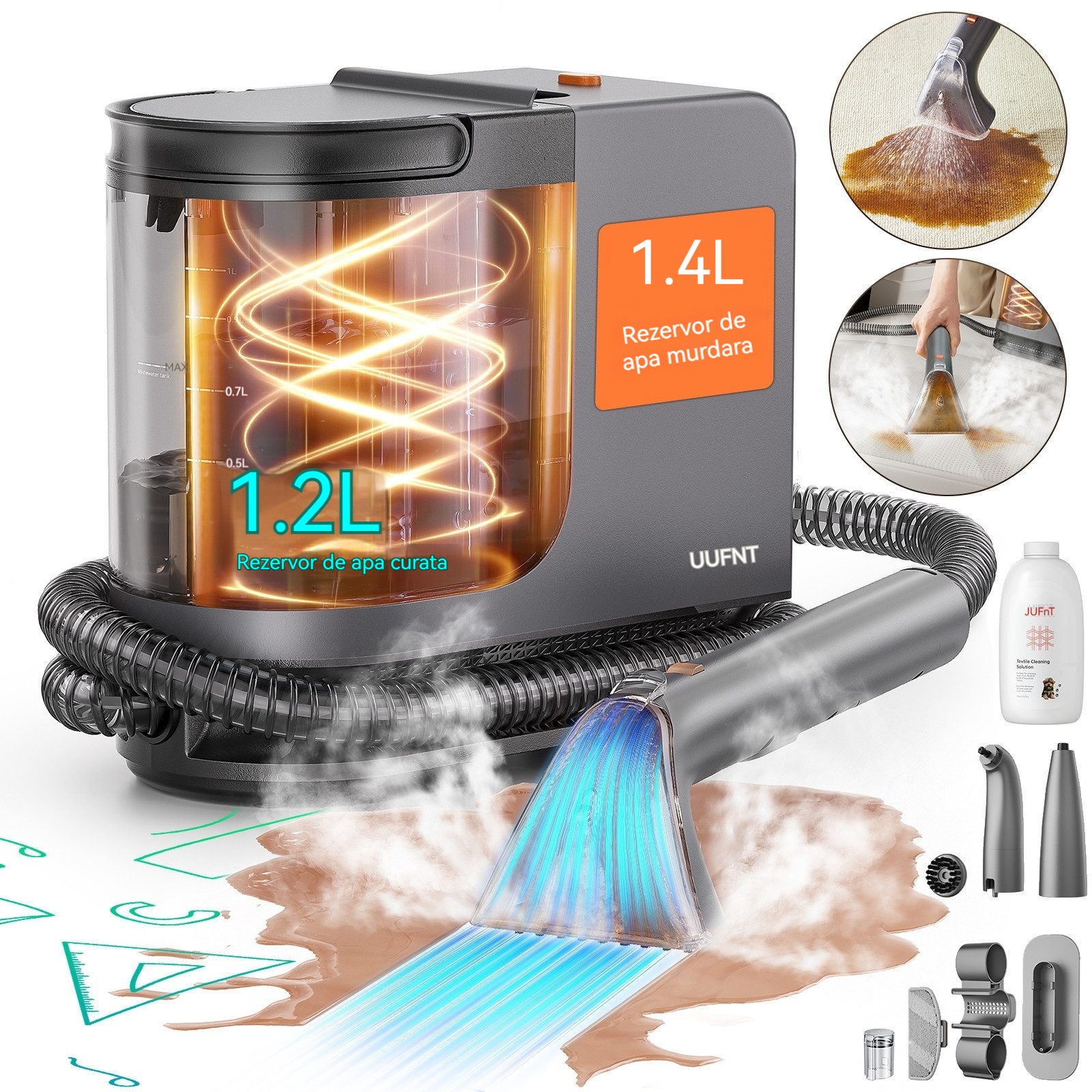 Dispozitiv de curatare covoare, Rolipo®, UWANT B400, Aspirator, 600W 18kPa Autocuratare Curatator tapiterie, Curatare cu abur la temperatura inalta de 100 de grade, Zgomot redus ≤75 dB, Negru