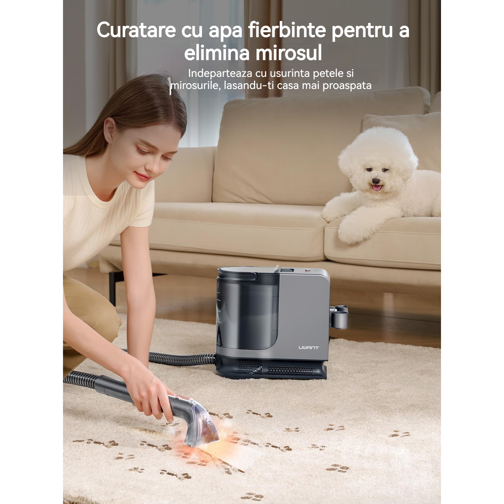 Dispozitiv de curatare covoare, Rolipo®, UWANT B400, Aspirator, 600W 18kPa Autocuratare Curatator tapiterie, Curatare cu abur la temperatura inalta de 100 de grade, Zgomot redus ≤75 dB, Negru