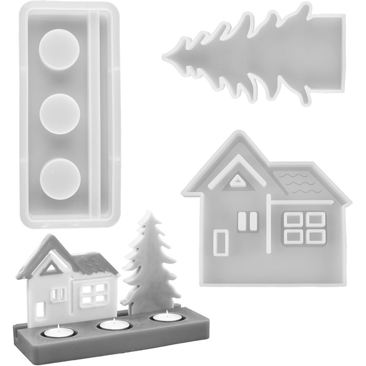 Matrite de silicon, pachet de 3, matrita de silicon, copac, matrita de silicon, casa cu baza, ipsos pentru turnare, casa, matrita de turnare copac, arc de silicon pentru mestesuguri