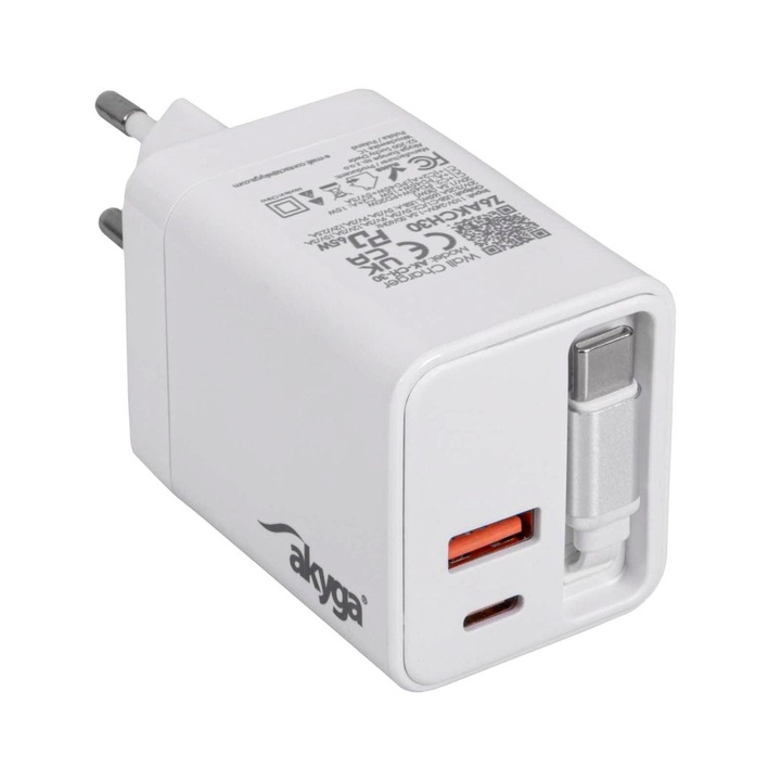 Akyga hálózati töltő, 65W, 1xUSB-A, 1xUSB-C, fehér