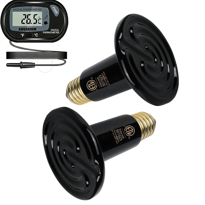 Bec de incalzire ceramica, asskanaer, Lampa de incalzire pentru reptile, Cu termometru si 2 becuri(50W), Bec de incalzire care simuleaza lumina soarelui, Potrivita pentru reptile, amfibieni, serpi, ABS, 10.2*7.2cm, Negru