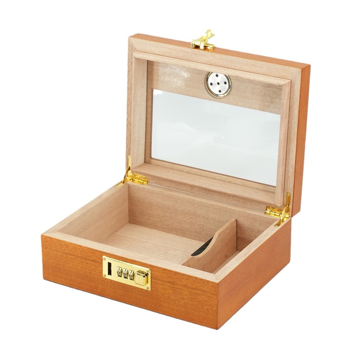Humidor de tigari din lemn de cedru, cu hygrometru, capac din sticla, sistem de blocare cu combinatie, capacitate 20 tigari