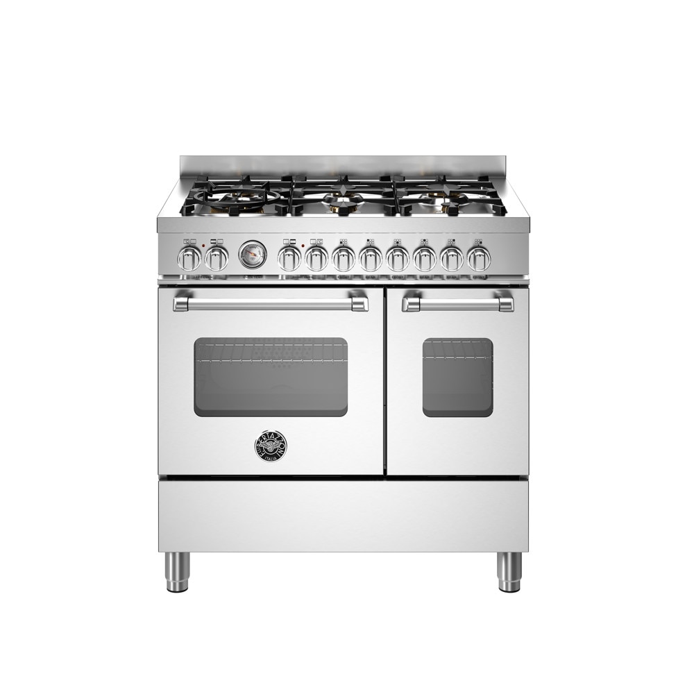 Aragaz cu plita pe gaz Bertazzoni, colectie Master, 90 cm, 6 arzatoare, 2 cuptoare electrice, capacitate 107 litri, 11 moduri de gatire, temperatura reglabila, termometru cu sonda integrat, usa cu inchidere soft-close, clasa energetica A, inox