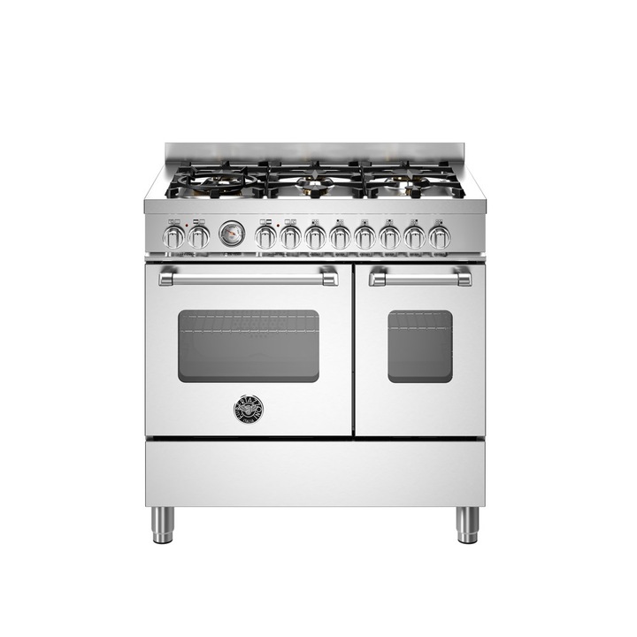 Aragaz cu plita pe gaz Bertazzoni, colectie Master, 90 cm, 6 arzatoare, 2 cuptoare electrice, capacitate 107 litri, 11 moduri de gatire, temperatura reglabila, termometru cu sonda integrat, usa cu inchidere soft-close, clasa energetica A, inox