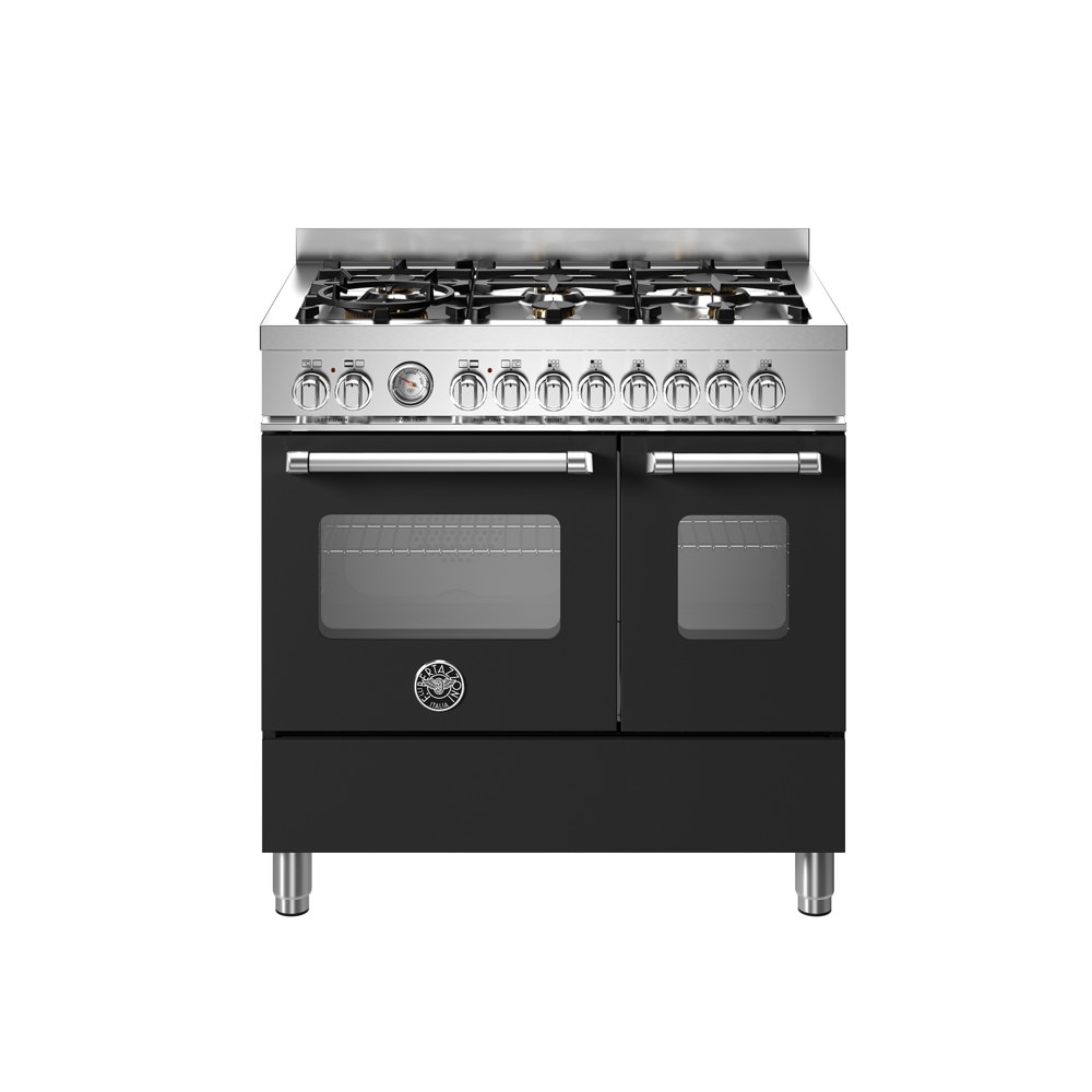 Aragaz cu plita pe gaz Bertazzoni, colectie Master, 90 cm, 6 arzatoare, 2 cuptoare electrice, capacitate 107 litri, 11 moduri de gatire, temperatura reglabila, termometru cu sonda integrat, usa cu inchidere soft-close, clasa energetica A, negru mat