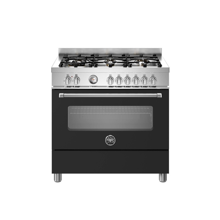Aragaz cu plita pe gaz Bertazzoni, colectie Master, 90 cm, 6 arzatoare, cuptor electric, capacitate 103 litri, 11 moduri de gatire, temperatura reglabila, termometru cu sonda integrat, usa cu inchidere soft-close, clasa energetica A, negru mat