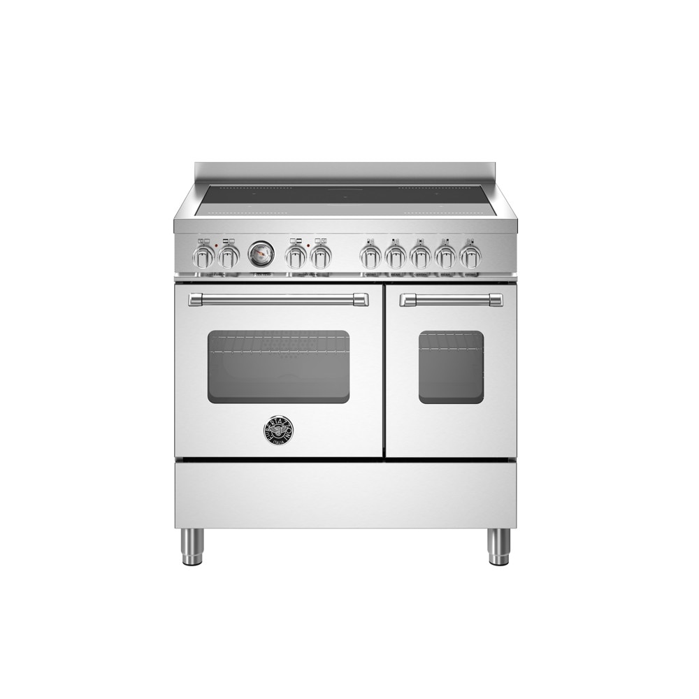 Aragaz cu plita pe inductie Bertazzoni, colectie Master, latime 90 cm, 5 zone, 2 cuptoare electrice 107 l, temperatura reglabila max. 250°C, 11 functii de gatit, convectie, iluminare interioara, termometru integrat, sticla triplustratificata, inox