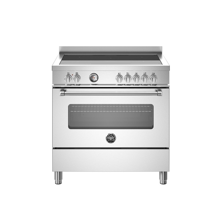 Aragaz cu plita pe inductie Bertazzoni, colectie Master, latime 90 cm, 5 zone, cuptor electric 103 l, temperatura reglabila max. 250°C, 11 functii de gatit, convectie, iluminare interioara, termometru integrat, sticla triplustratificata, inox