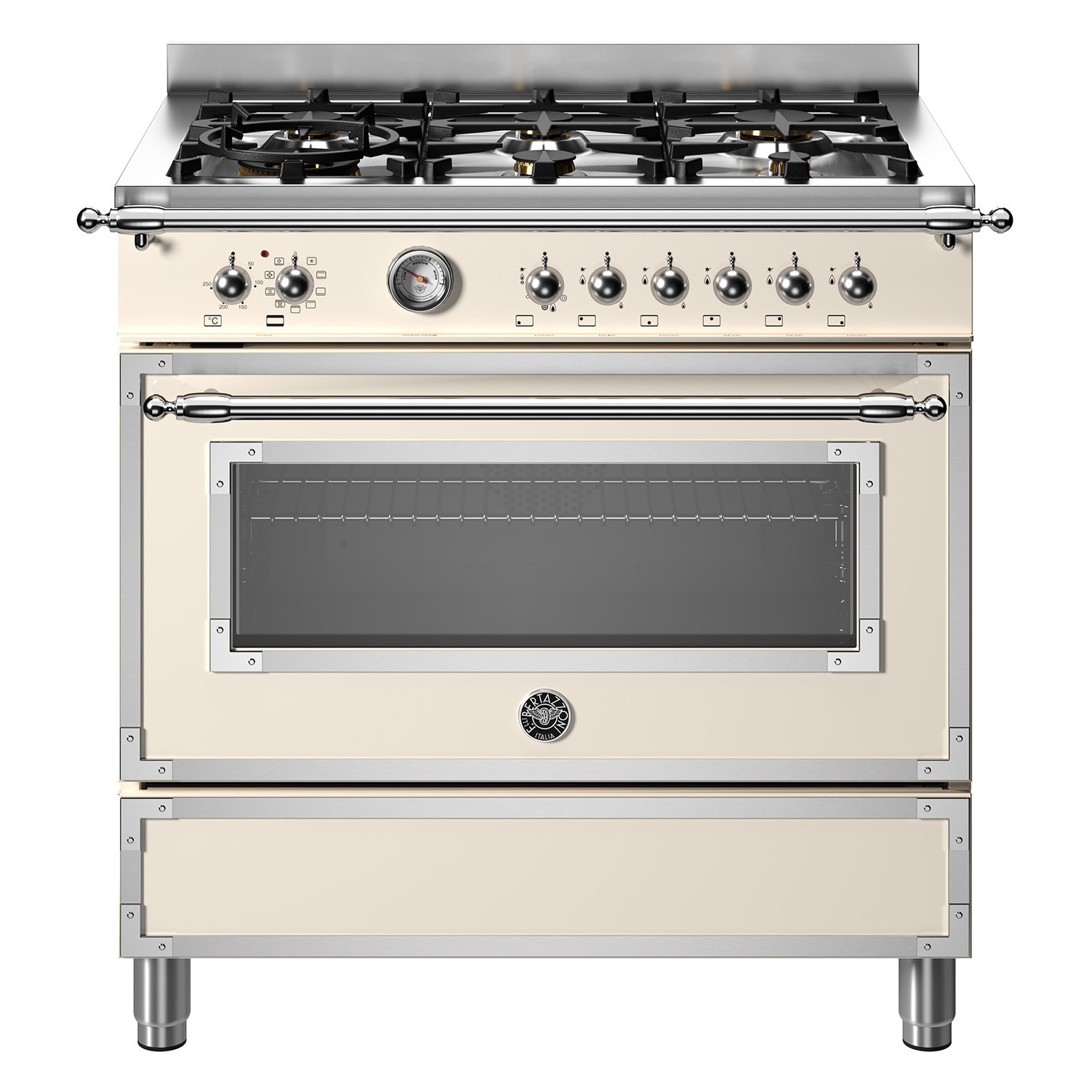 Aragaz cu plita pe gaz Bertazzoni, colectie Heritage, 90 cm, 6 arzatoare, cuptor electric, capacitate 103 litri, 11 moduri de gatire, temperatura reglabila, termometru cu sonda integrat, usa cu inchidere soft-close, clasa energetica A, crem