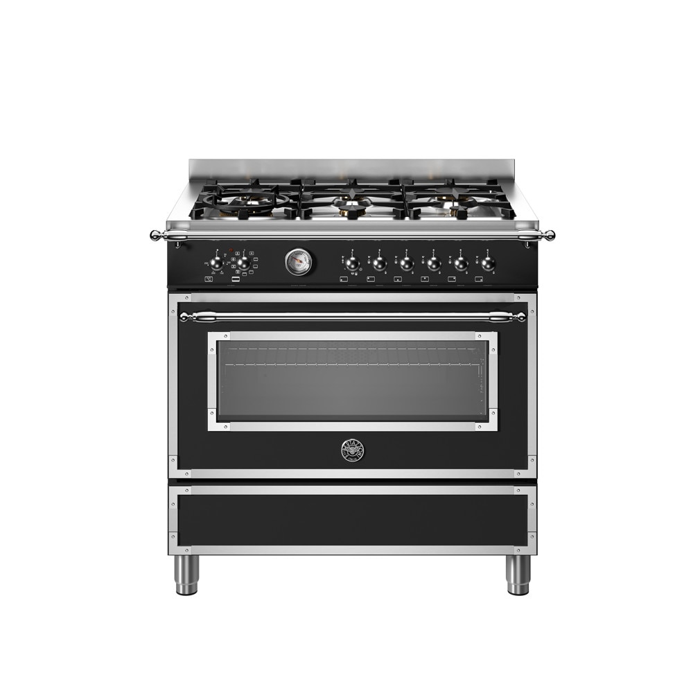 Aragaz cu plita pe gaz Bertazzoni, colectie Heritag, 90 cm, 6 arzatoare, cuptor electric, capacitate 103 litri, 11 moduri de gatire, temperatura reglabila, termometru cu sonda integrat, usa cu inchidere soft-close, clasa energetica A, negru mat