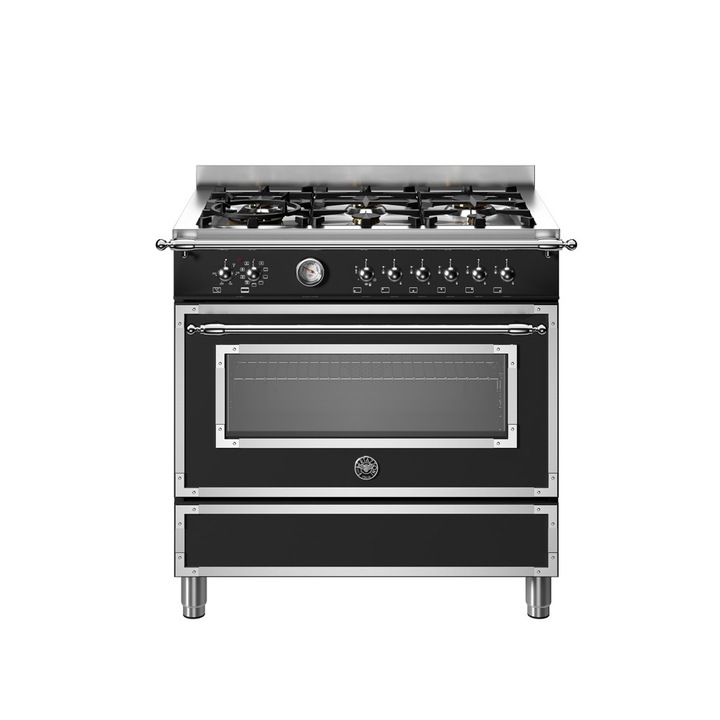 Aragaz cu plita pe gaz Bertazzoni Heritage, 90 cm, 6 arzatoare, cuptor electric, 103 litri, negru mat