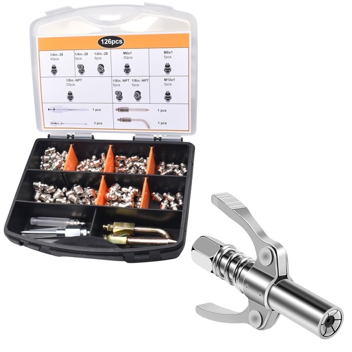 Set pachet gresare, cu fitinguri pentru unsoare, cap grsor, cuplaj cu eliberare rapida pentru injectarea grasimii, vaselina, 120 nipluri, 3 ace+3dipozitive gresare +1 cap gresor, cutie depozitare